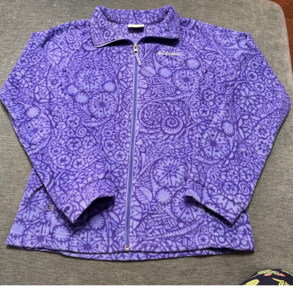 Columbia Purple Mandala Floral Fleece Jacket Full Zip Mock Neck Girl Large 14/16